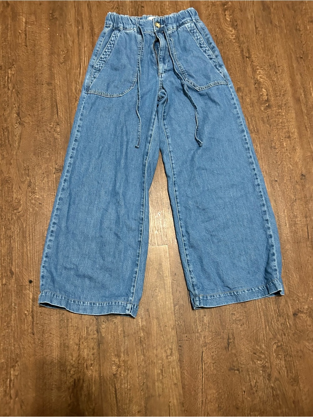 PAIGE Size 23 Wide Leg Drawstring Jeans Elastic Waist Patch Pocket Blue Denim